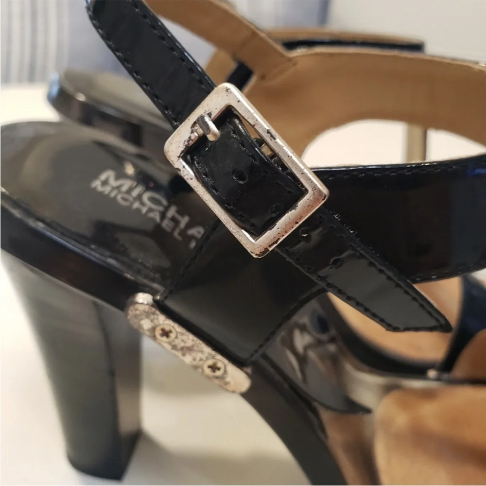 Michael Kors Black Patent T-Strap Heeled Sandals